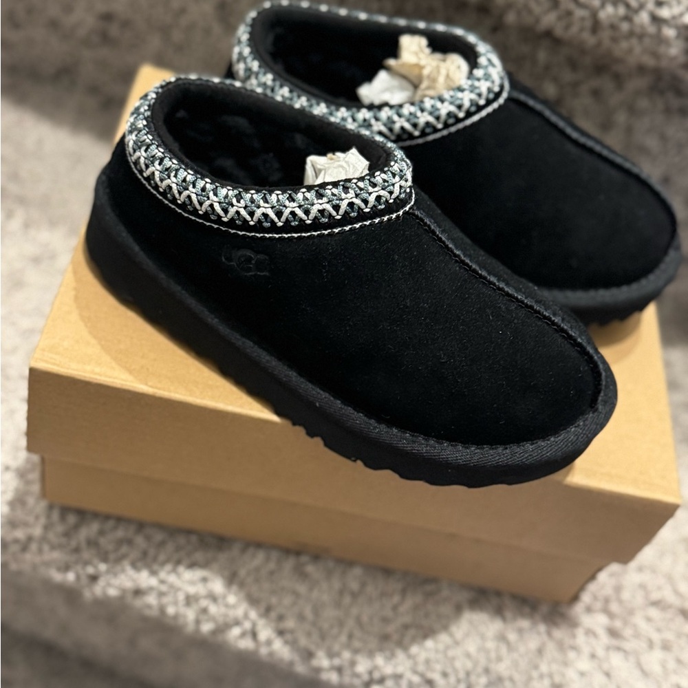 UGG Black Suede Slip-Ons with Patterned Trim